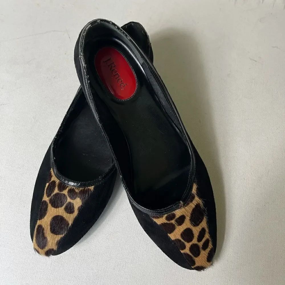 J Renée Kory black leather suede leopard print calf hair flats size 9.5